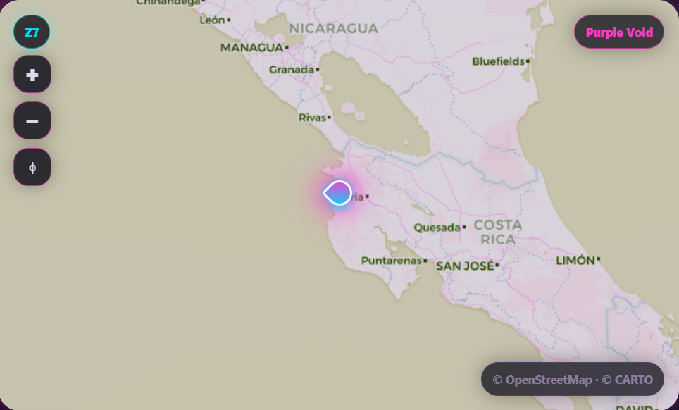 GeoCrack Kartenansicht mit markiertem Standort in Costa Rica